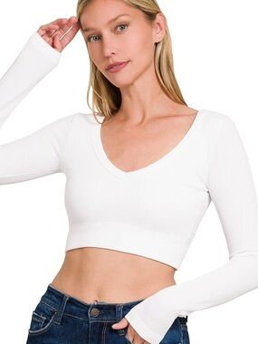 ZENANA White Ribbed V-Neck Cropped Long Sleeve Y2K Top L/XL Basics Clean Girl